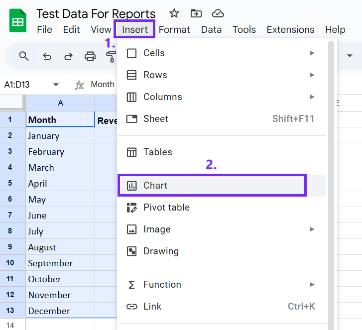 Screenshot from google sheets with steps to insert chart